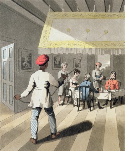 Egy úriember Kedmutgars, vagy asztali szolgák, akik a vacsorát hozzák, 8. tábla az 1813-ban megjelent "The European in India" című kötetből (kézzel színezett akvatinta). alkotó: Charles d Oyly